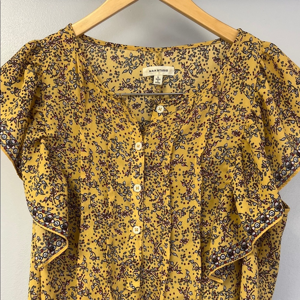 Max Studio Mustard Floral Blouses Babydoll Style sz L - Picture 1 of 5